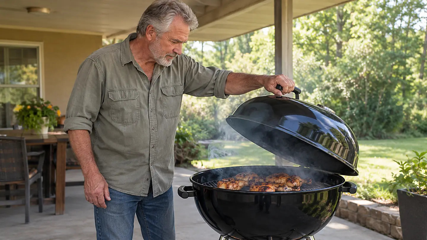 A man in his sixties lifting the lid of a charcoal kettle grill to check browning chicken, smoke drifting up