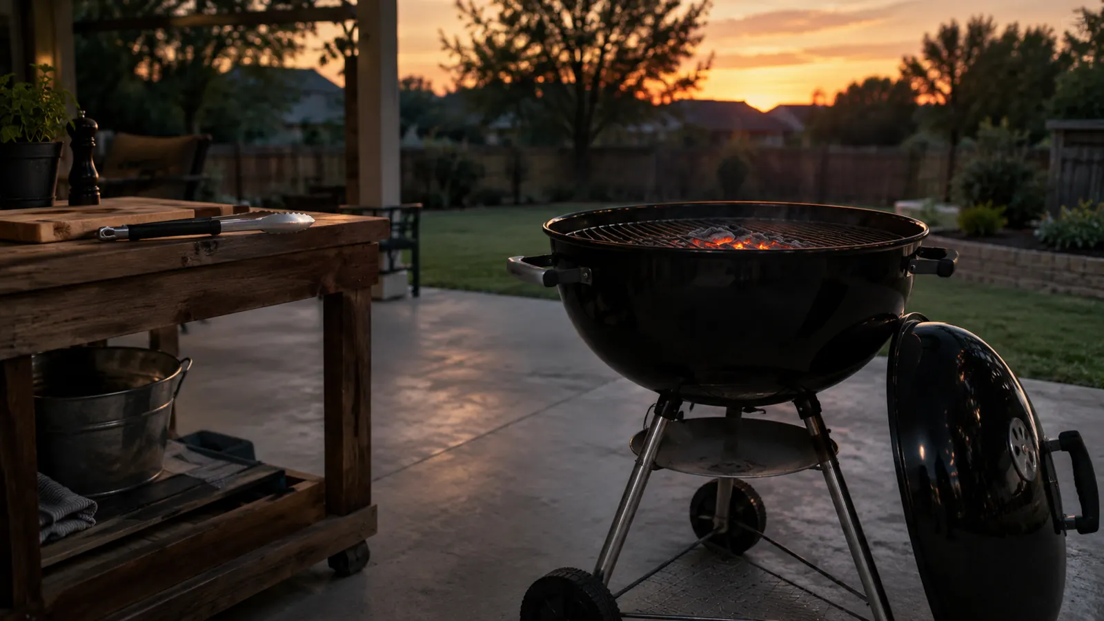 A charcoal kettle grill sitting on a covered patio at dusk with the lid off and a gentle orange glow inside