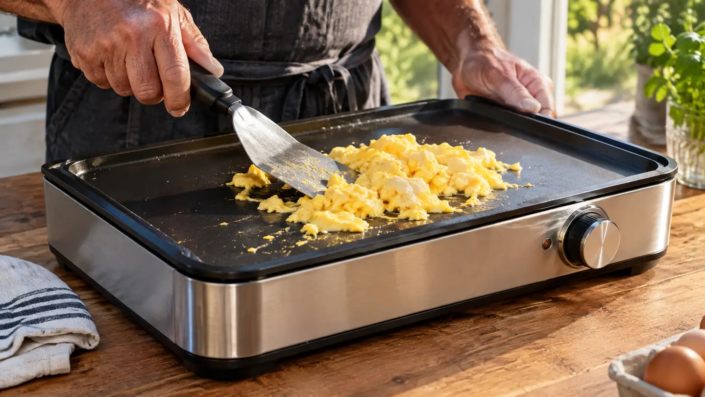 A tabletop griddle with a spatula moving scrambled eggs across the flat cooking surface