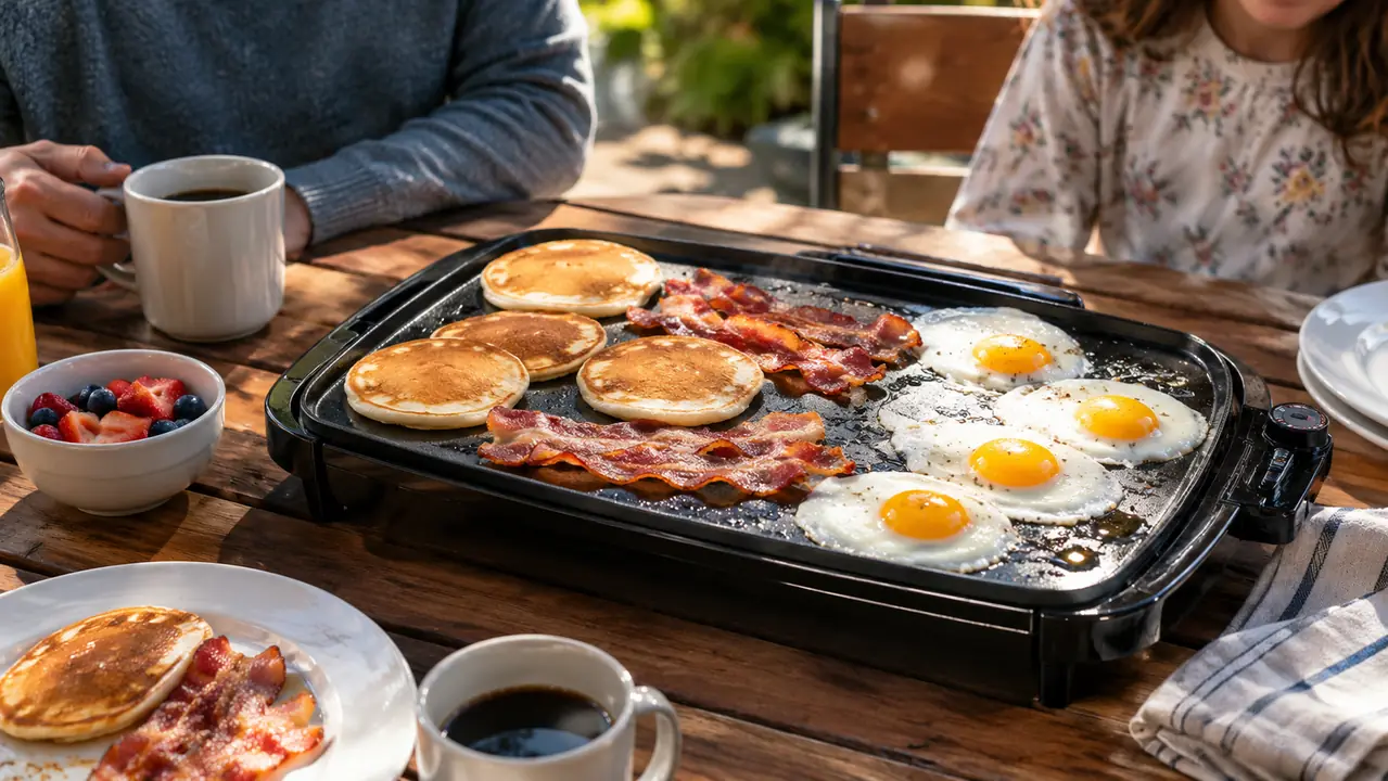 A tabletop griddle loaded with pancakes, bacon, and eggs at a backyard breakfast table