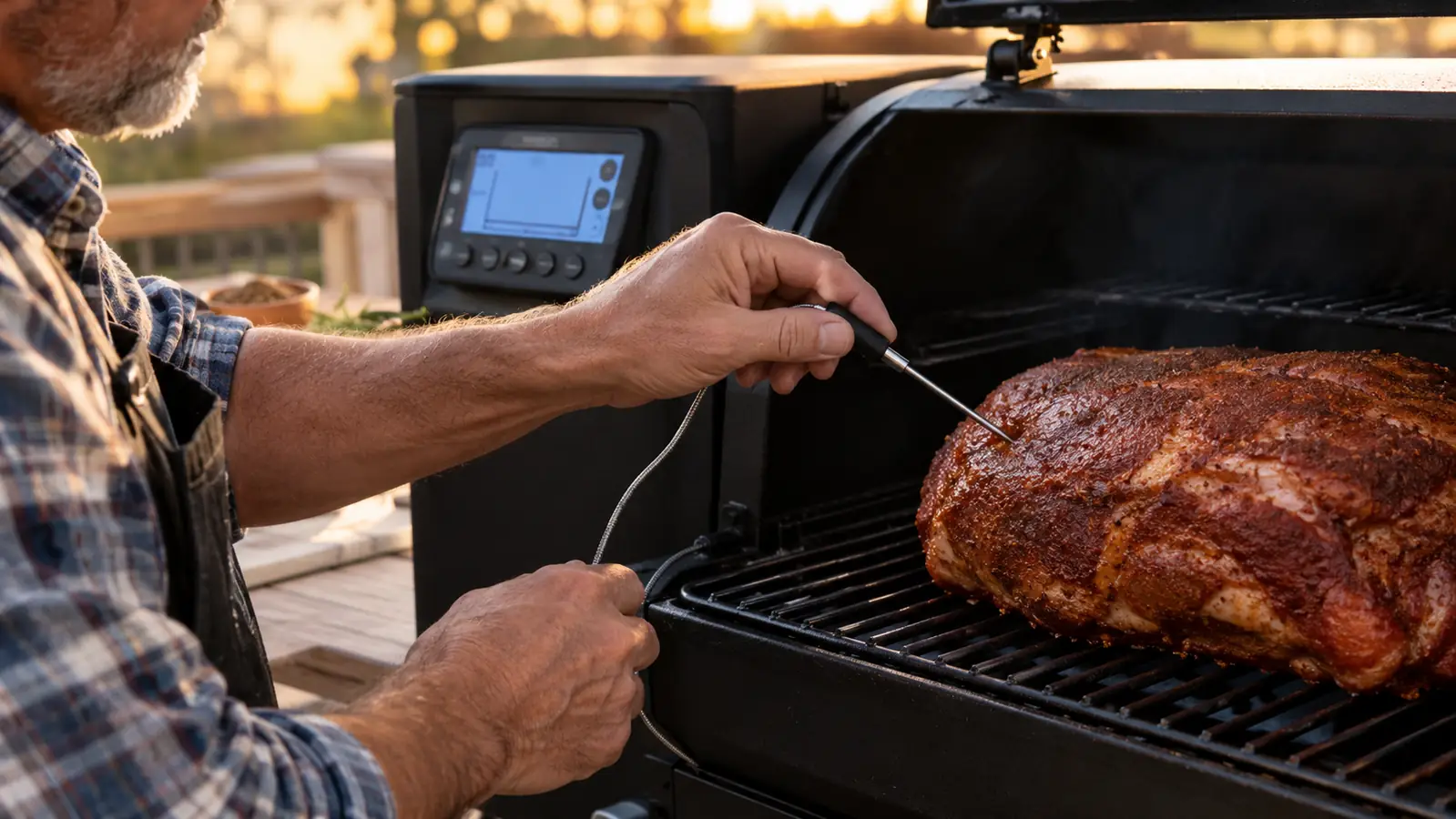 Close view of a man's hands inserting a meat probe into a cut of meat on the grill grate, the grill's LCD screen visible in the background
