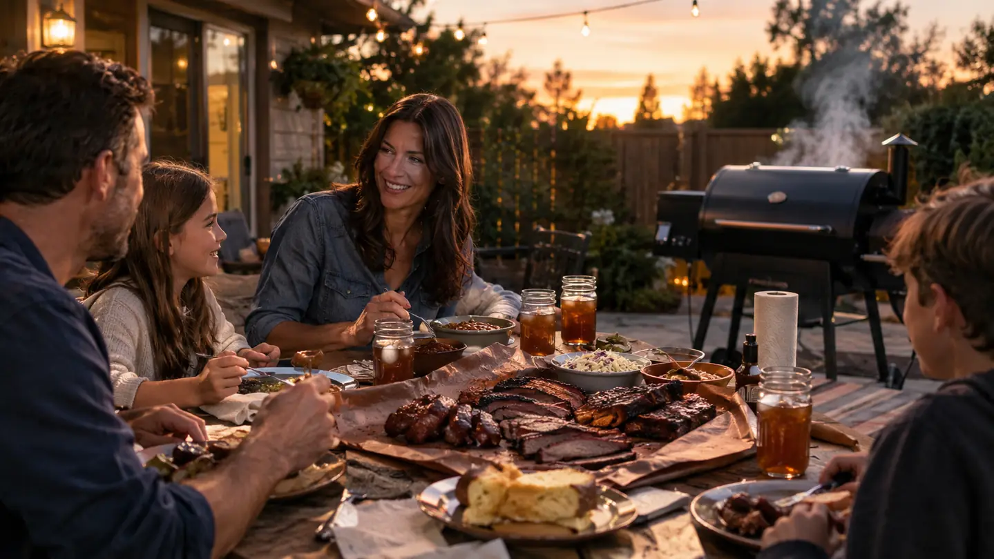 A backyard table set with sliced barbecue on butcher paper, a wood pellet grill smoking in the background at dusk