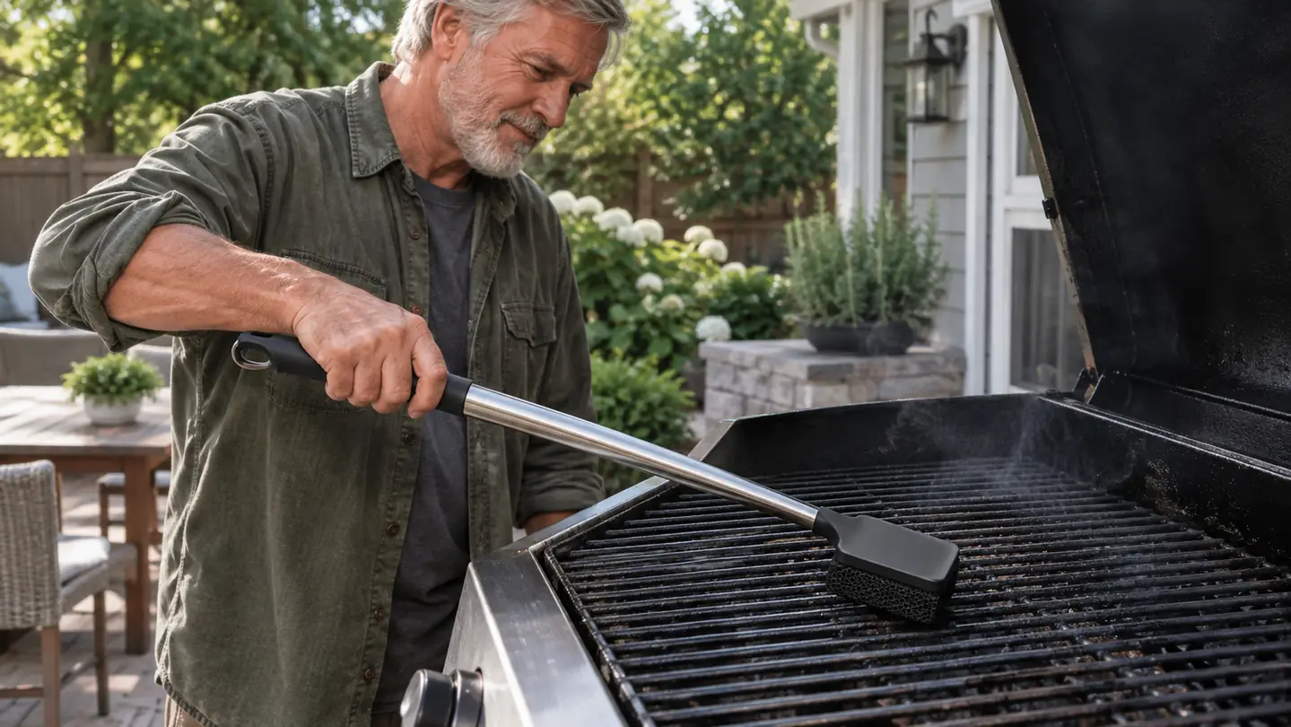 A man's hand using a bristle-free grill brush to scrape a grill grate after cooking