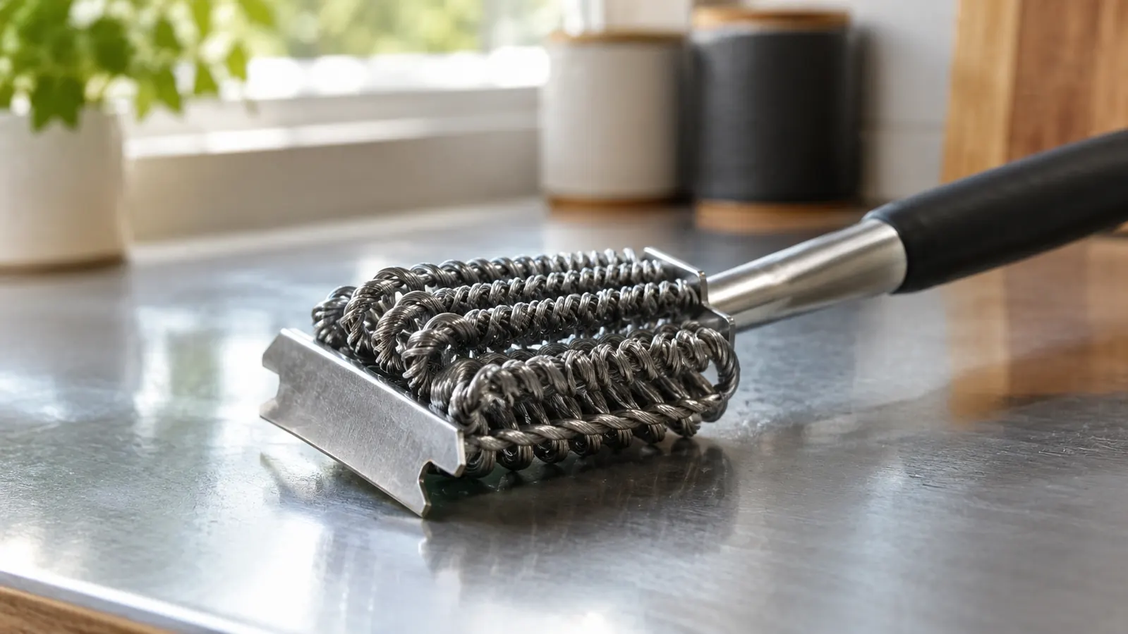 A close view of a bristle-free grill brush head showing the scraper edge and coil design