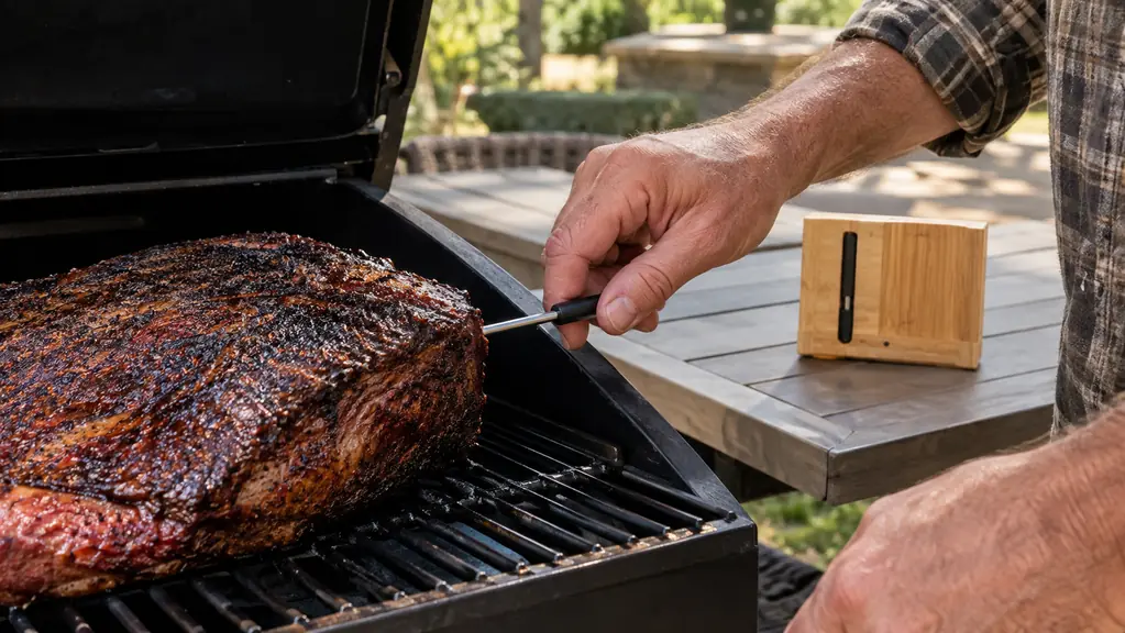 a hand sliding a wireless meat thermometer probe into a brisket on a grill grate