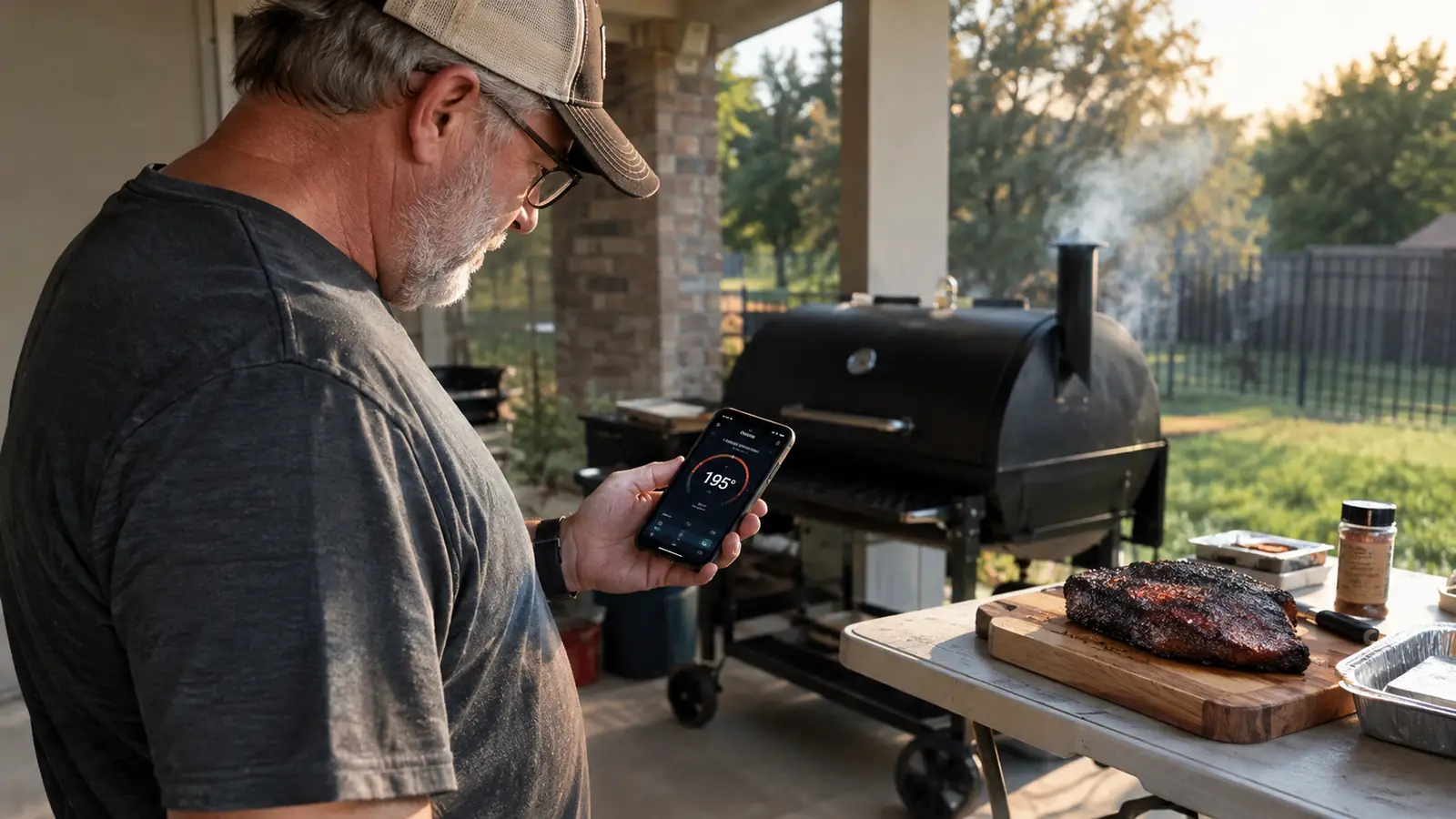 a man in his sixties checking temperatures on his phone while a pellet grill smokes on the patio behind him