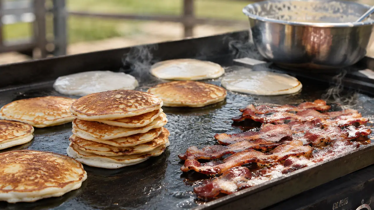 A stack of pancakes and a batch of bacon finishing on a flat-top griddle outdoors