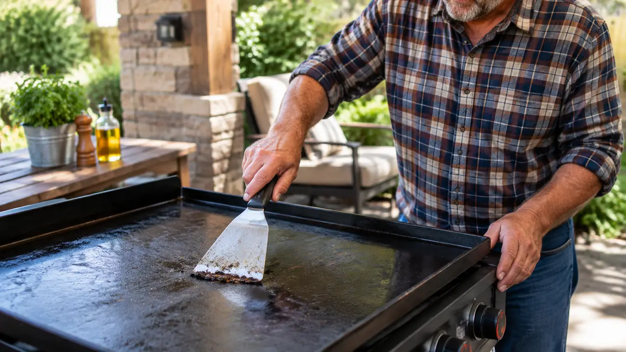 A person in a plaid shirt using a spatula to scrape a tabletop griddle clean