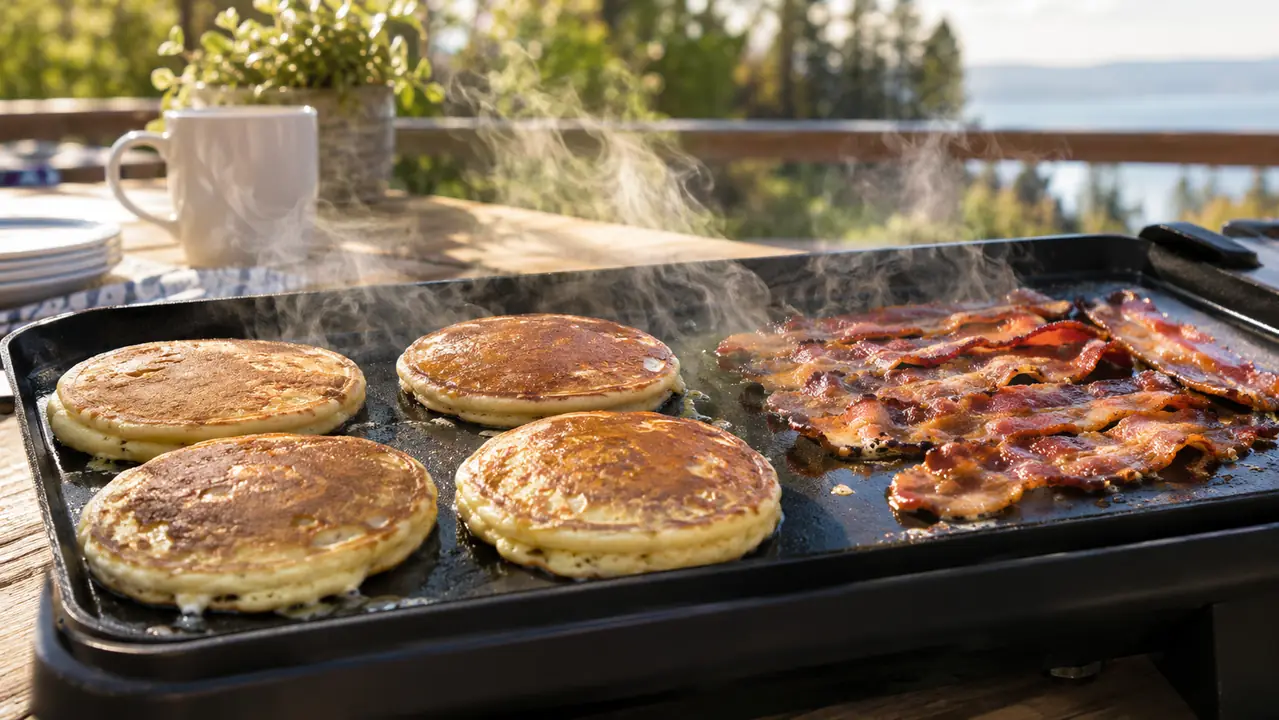 A tabletop griddle with a row of pancakes and a row of bacon cooking on it