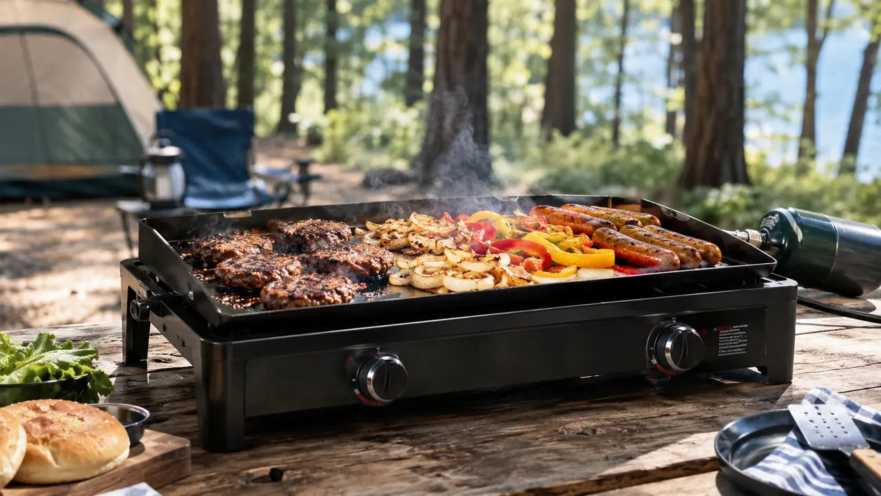 A tabletop griddle set on a picnic table at a campsite with food cooking