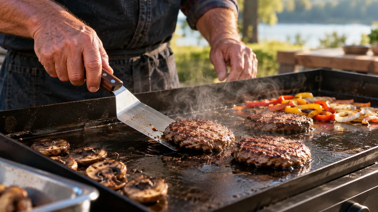 A person using a spatula to cook on a flat top griddle, with food on the cooking surface.