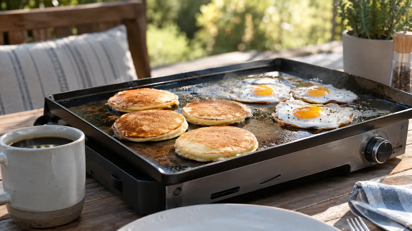 A flat top griddle with cooked breakfast food on a patio table in morning light.