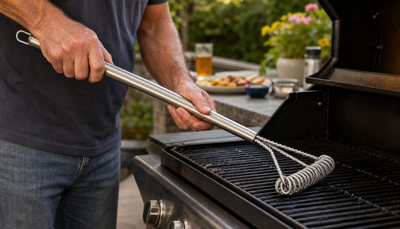 A hand holding a long-handled bristle-free grill brush over a warm grill grate