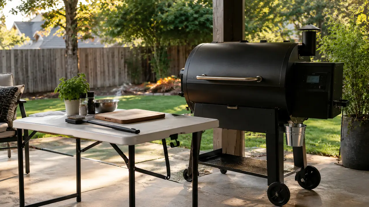 A fold-out prep table beside a pellet grill on a covered patio, a long-handled grill brush resting on the table