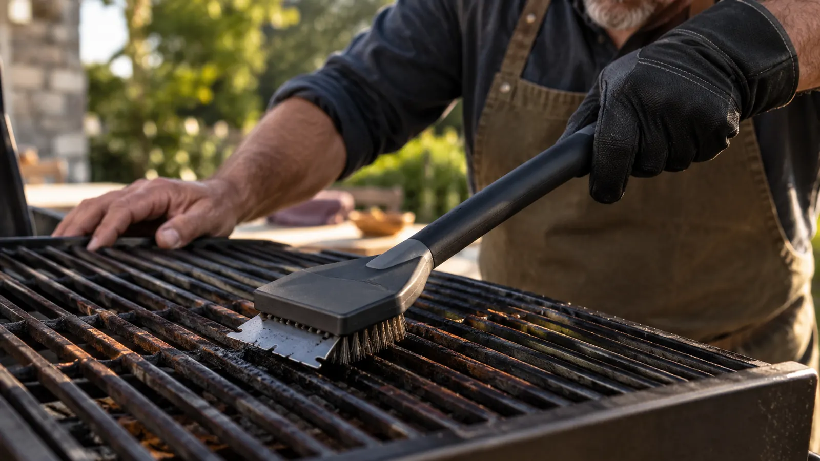 A close view of the scraper edge on a bristle-free grill brush being pulled across a grill grate