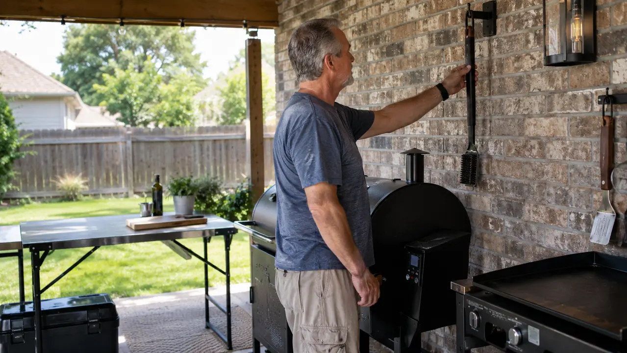 A man in his sixties hanging a bristle-free grill brush on a hook beside a pellet grill on a patio