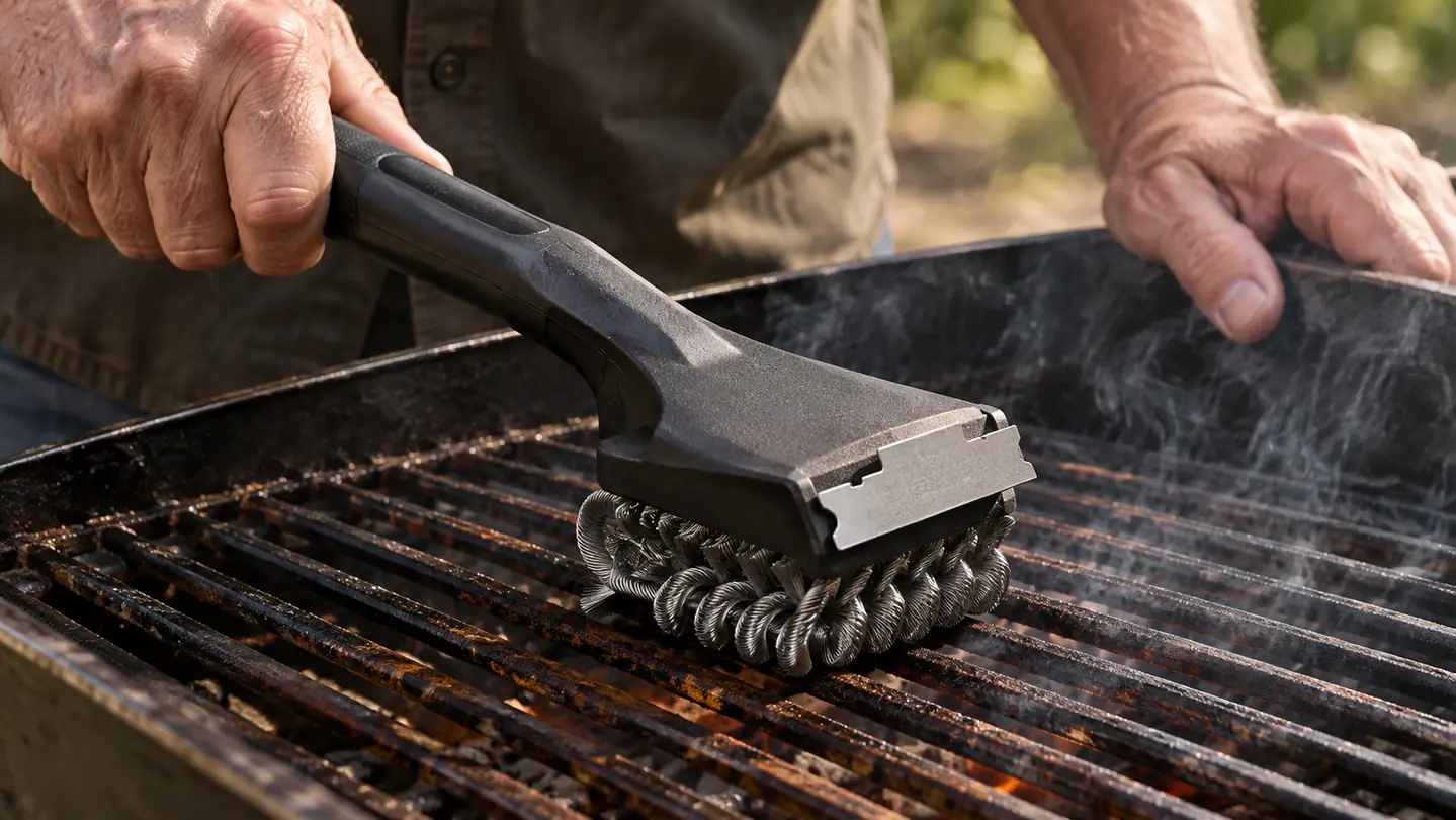 A close view of the bristle-free brush head with its scraper and double-helix coil pressed against a warm grill grate