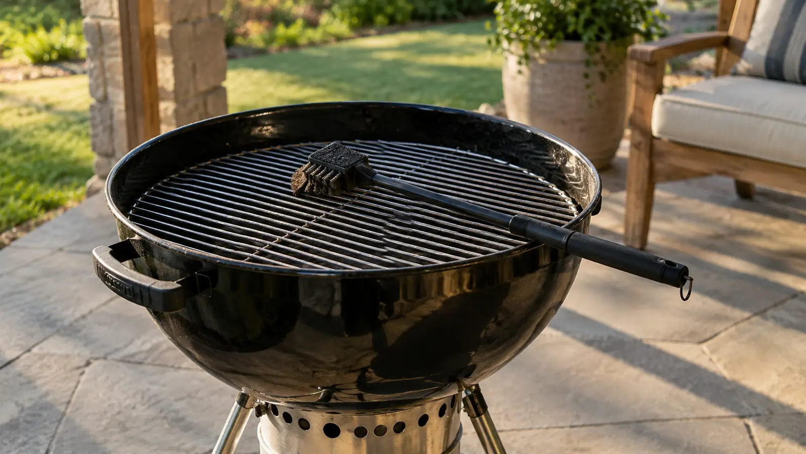 A charcoal kettle grill with a clean cooking grate and a long-handled brush resting on the ash catcher