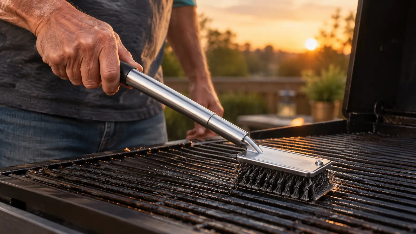 A hand using the GRILLART bristle-free grill brush to scrub a metal grill grate