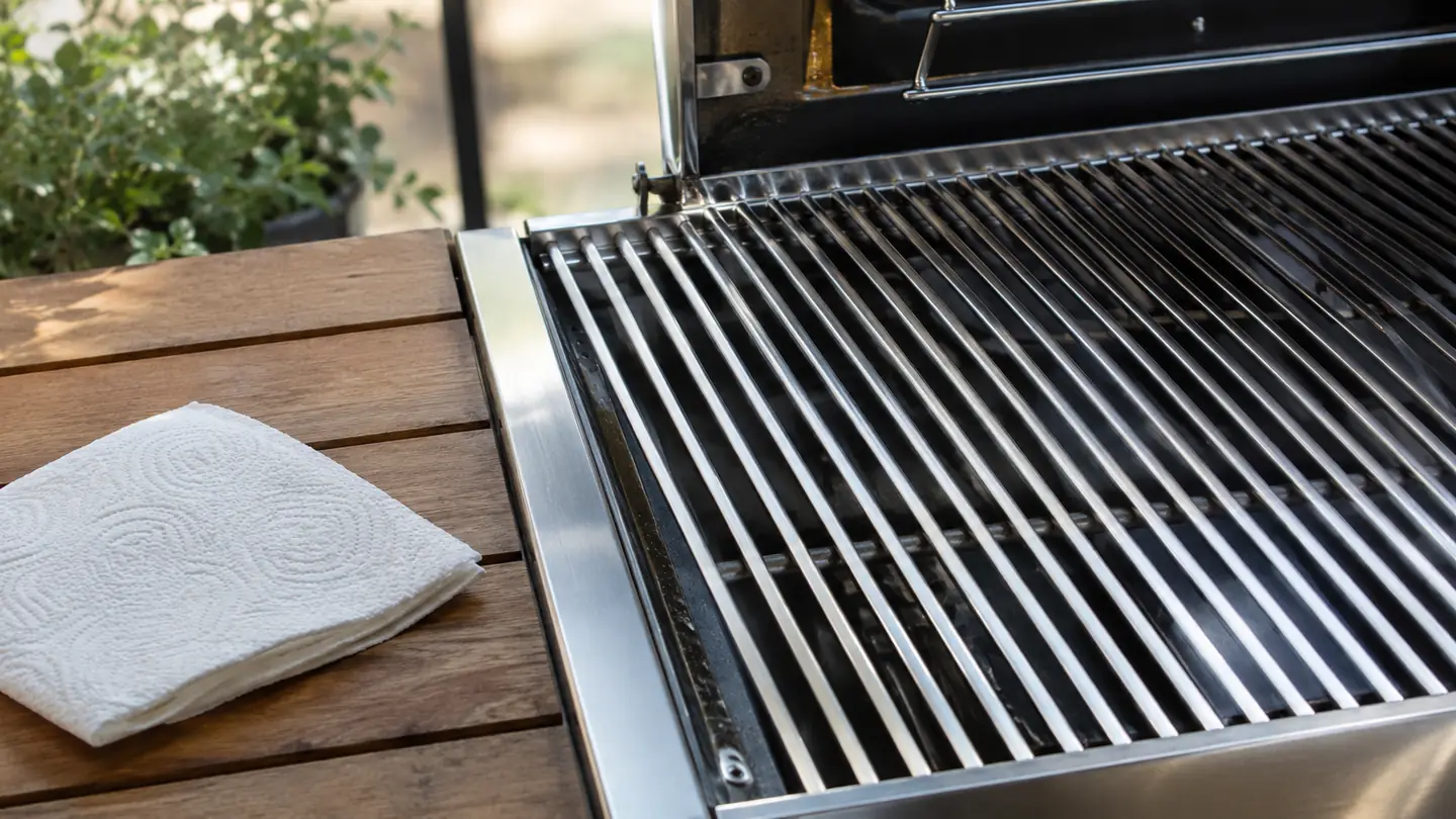 A clean metal grill grate after scrubbing, a folded paper towel resting on a patio prep table beside it