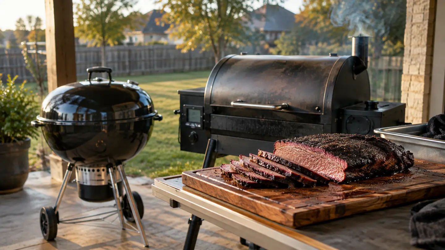 A kettle charcoal grill and a pellet smoker on a covered backyard patio, with a sliced smoked brisket resting on a wooden board