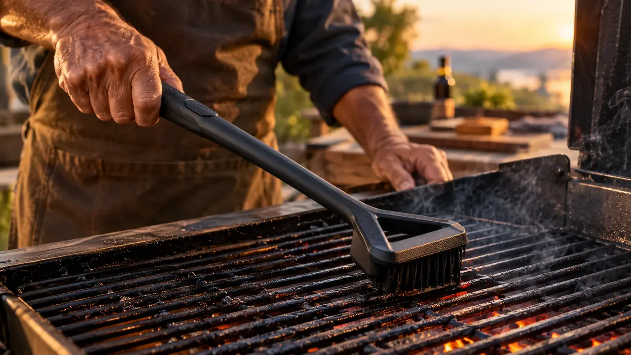 Close view of a hand using a long-handled bristle-free grill brush on a hot grate