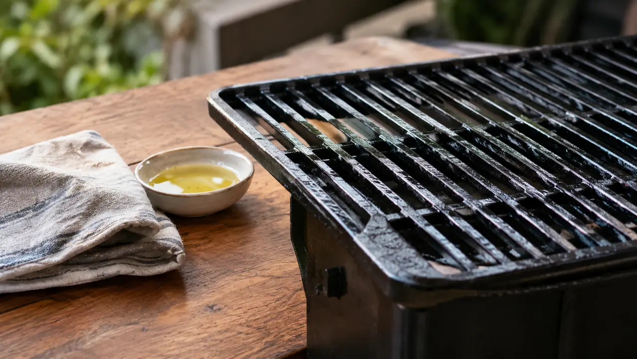 A clean oiled grill grate with a rag and a small dish of oil on a prep table