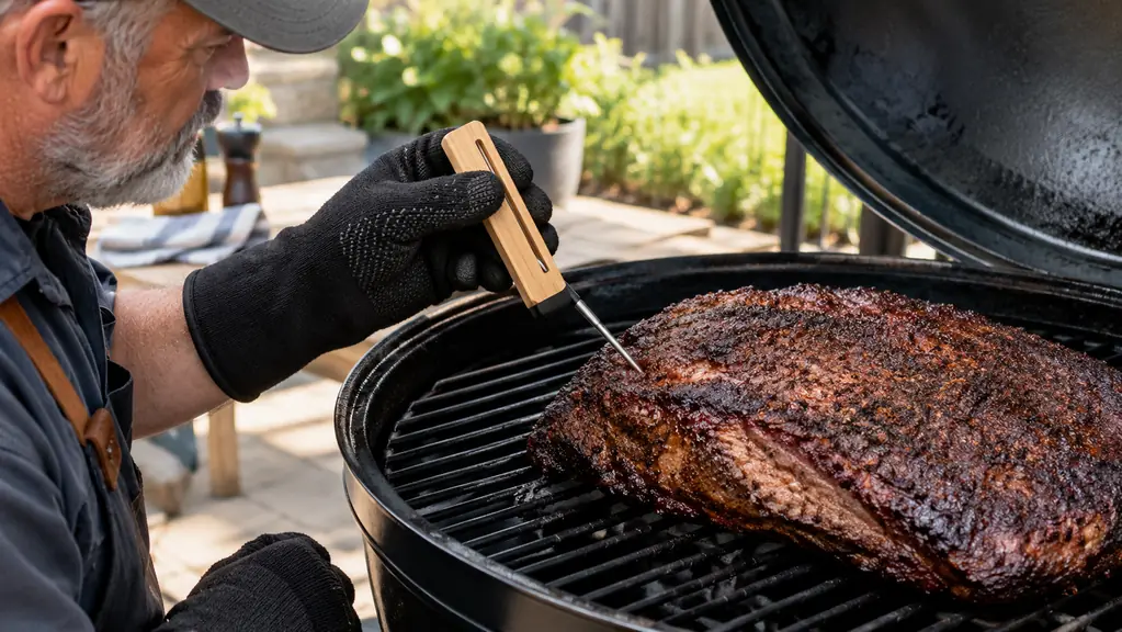 A hand holding a thin stainless steel wireless thermometer probe above a brisket on a grill grate