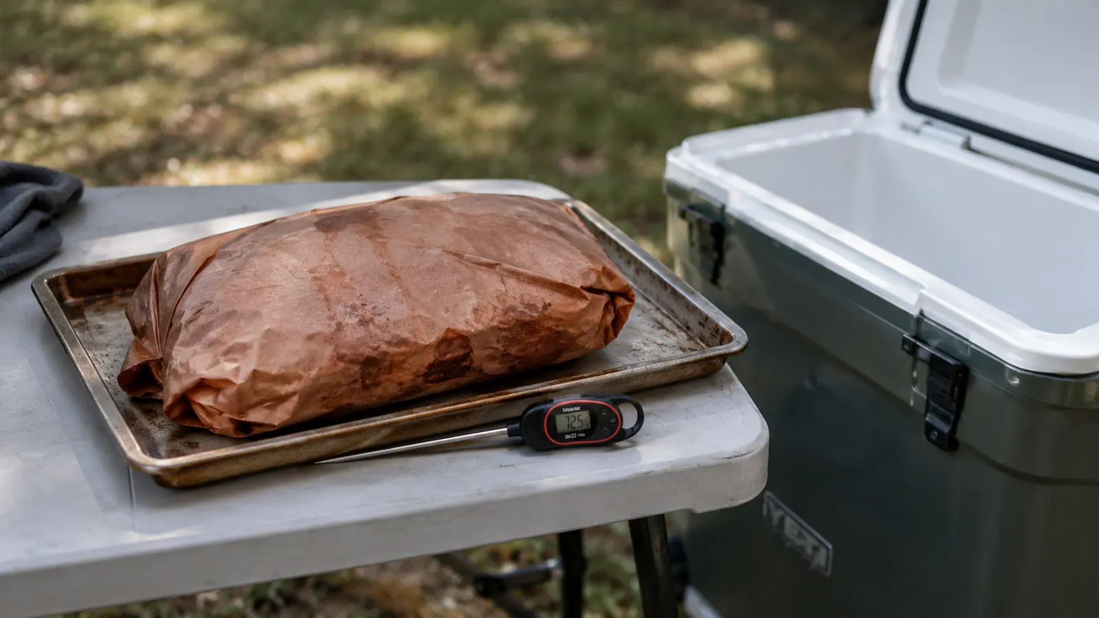 A brisket wrapped in butcher paper on a sheet pan next to a cooler on a patio table
