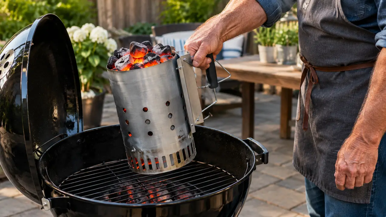 A hand holding a chimney starter by its wire handle over a kettle grill