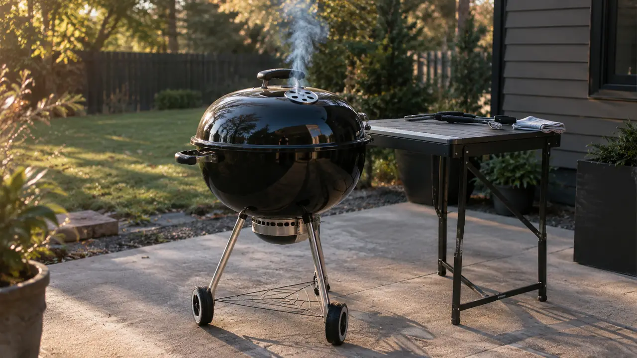 A kettle grill with the lid on and the dampers open, smoke drifting from the top vent