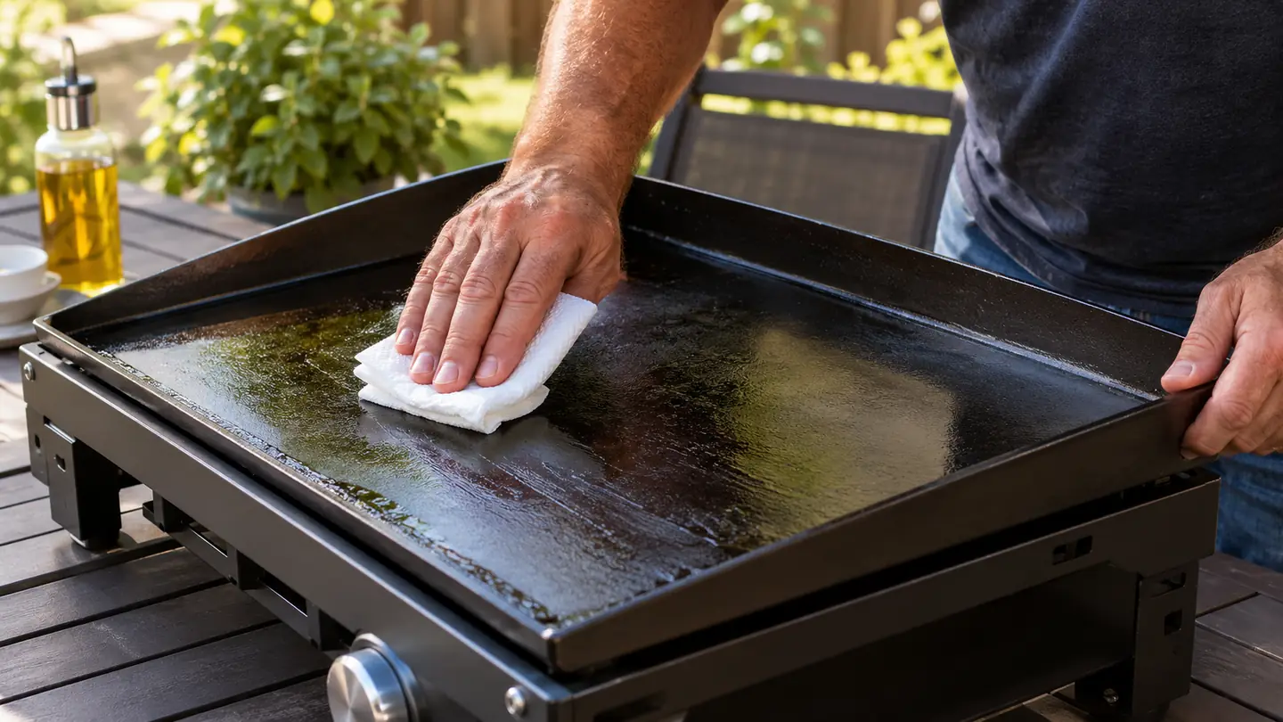 A hand wiping a thin layer of oil across the flat cooking surface of a tabletop griddle with a folded paper towel