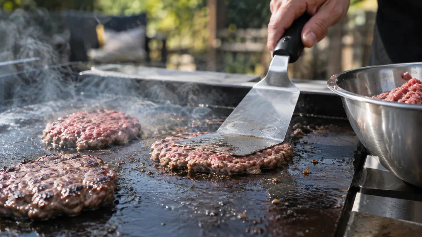 Ground beef patties sizzling on a griddle top while a metal spatula presses one patty flat, light smoke rising
