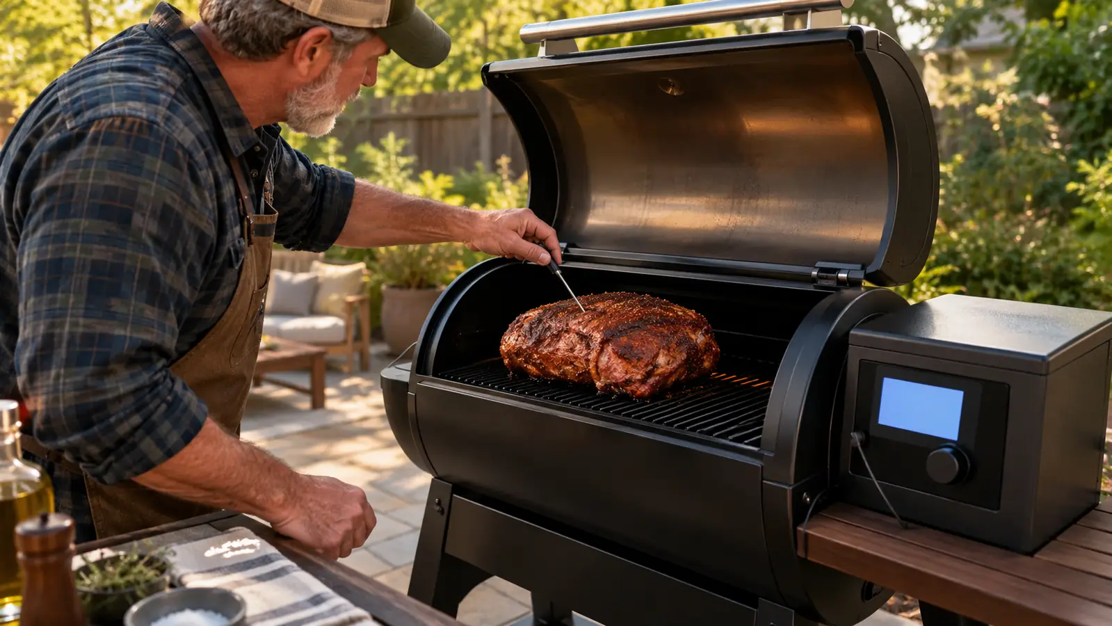 A hand inserting a meat probe into a large pork butt on the grill grates of the pellet grill