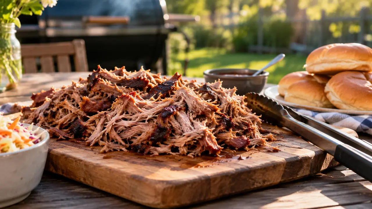 A platter of freshly pulled pork on a wooden cutting board with soft buns and barbecue tongs on a patio table