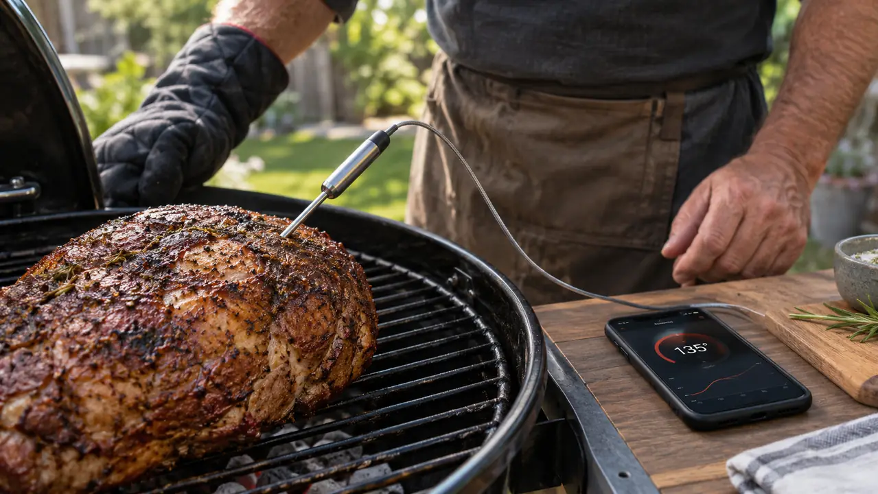 A stainless steel probe inserted into a pork roast on a grill grate, with a phone on a nearby table showing a temperature reading.