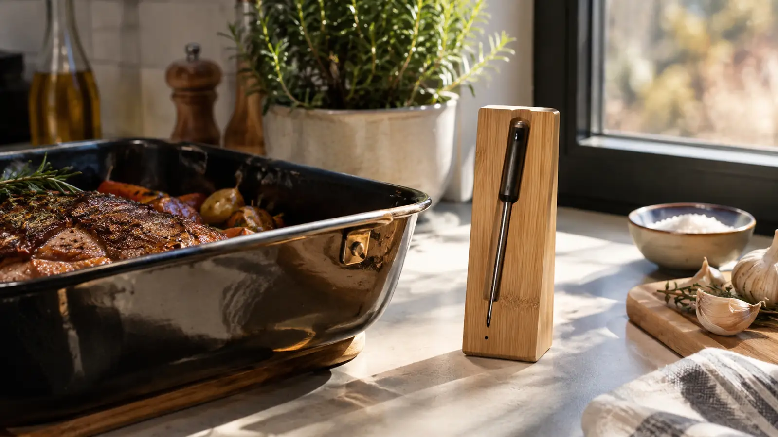 The thermometer probe resting in its bamboo charger on a kitchen counter beside a roasting pan.