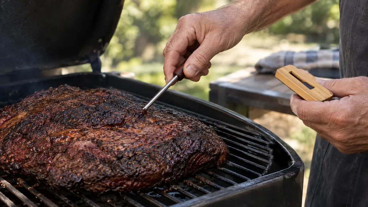A hand holding a long stainless steel meat probe inserted into a brisket on a grill grate