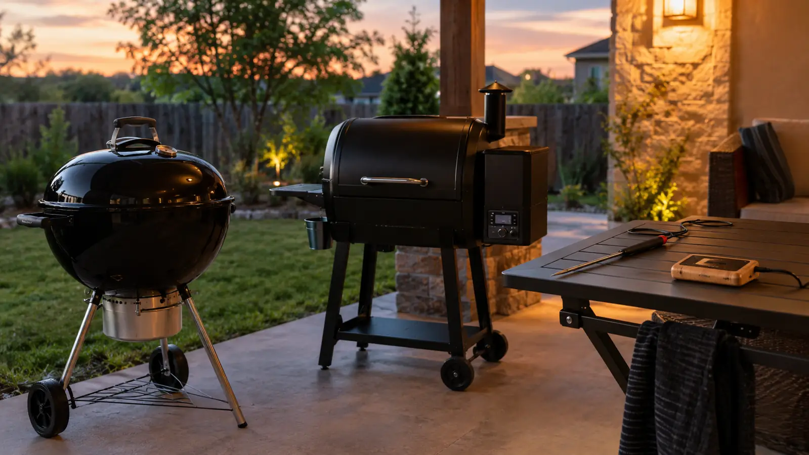 A charcoal kettle grill and a small pellet grill side by side on a concrete patio at dusk, a meat probe and its bamboo charger on a fold-out prep table in the foreground