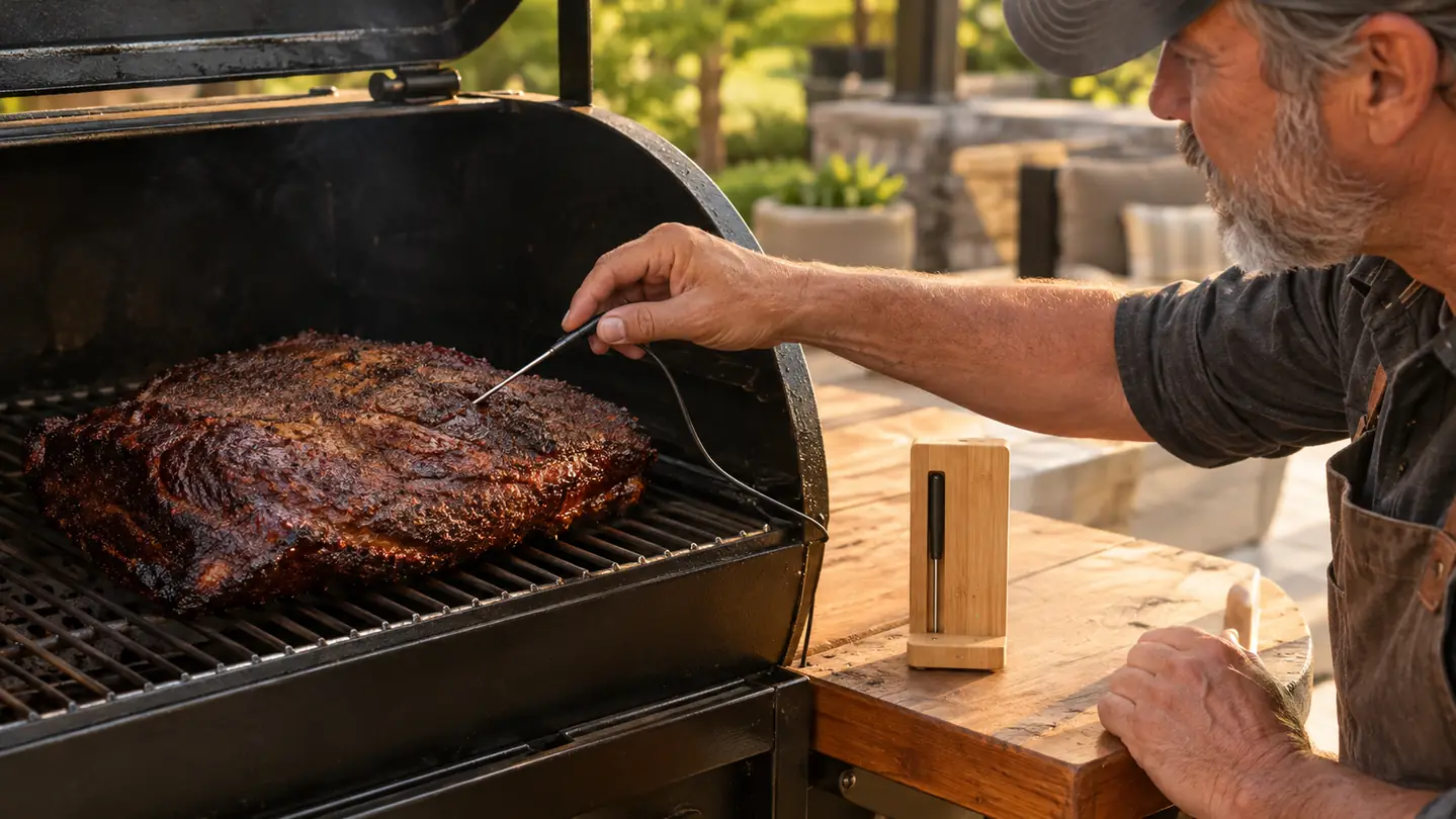 The MEATER Plus probe inserted into a brisket on a pellet grill, with the bamboo charger on a prep table nearby
