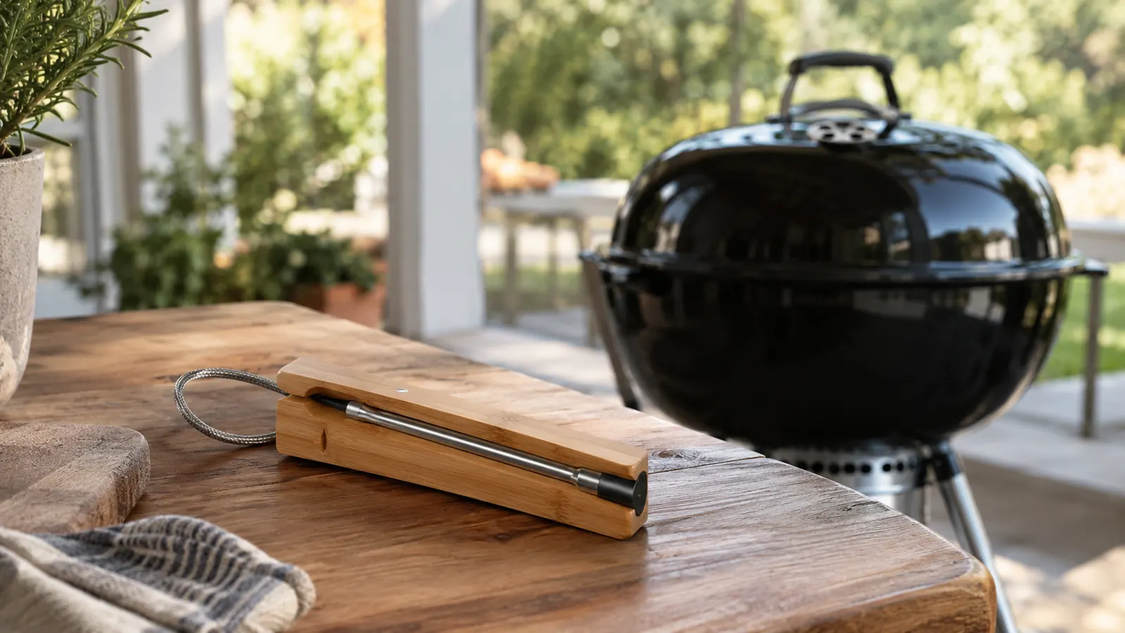 A stainless steel probe resting on a bamboo charger on a patio prep table, with a kettle grill in the background