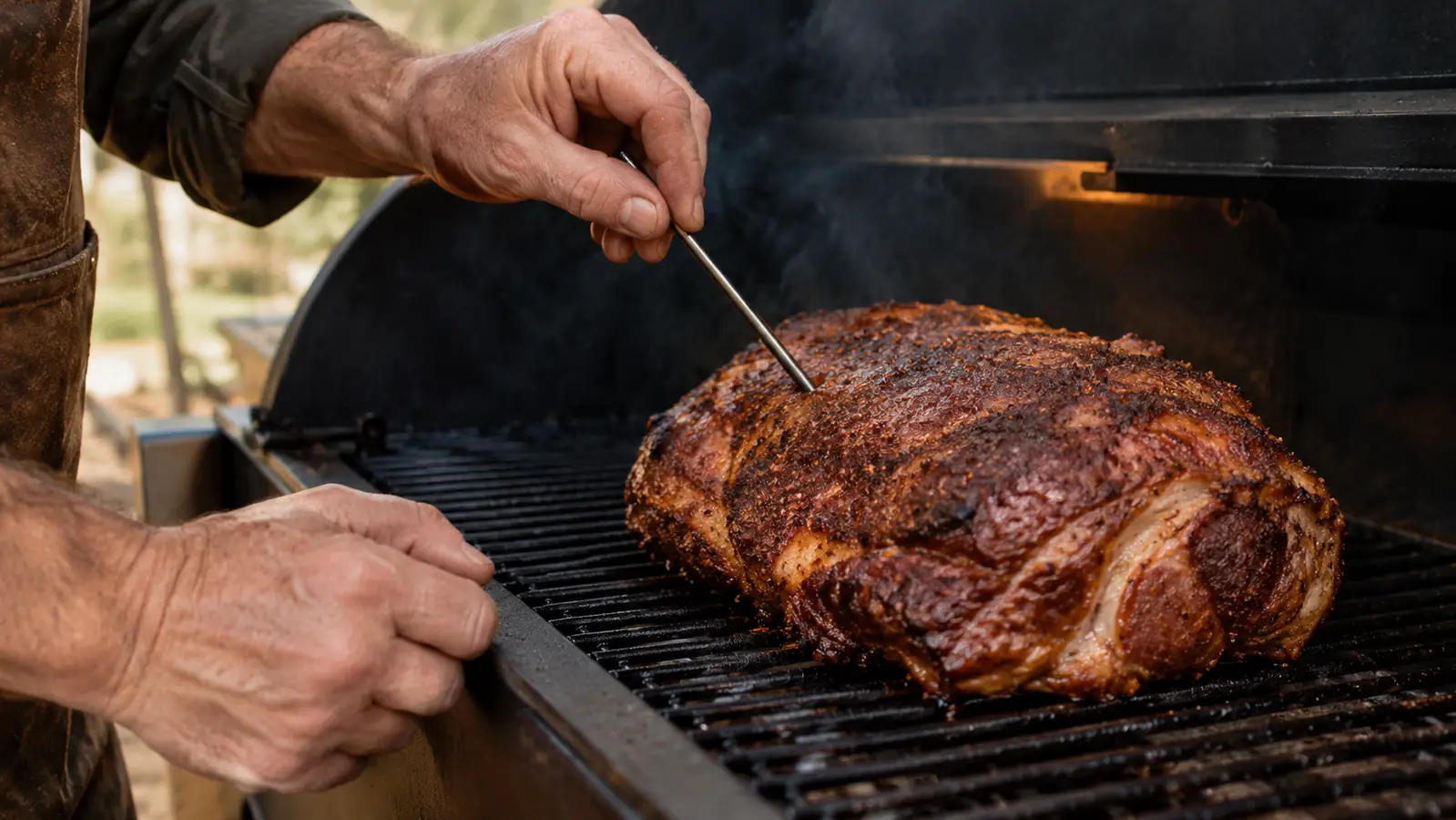 A hand inserting a thin metal probe into a pork shoulder on a smoker grate, no cable attached