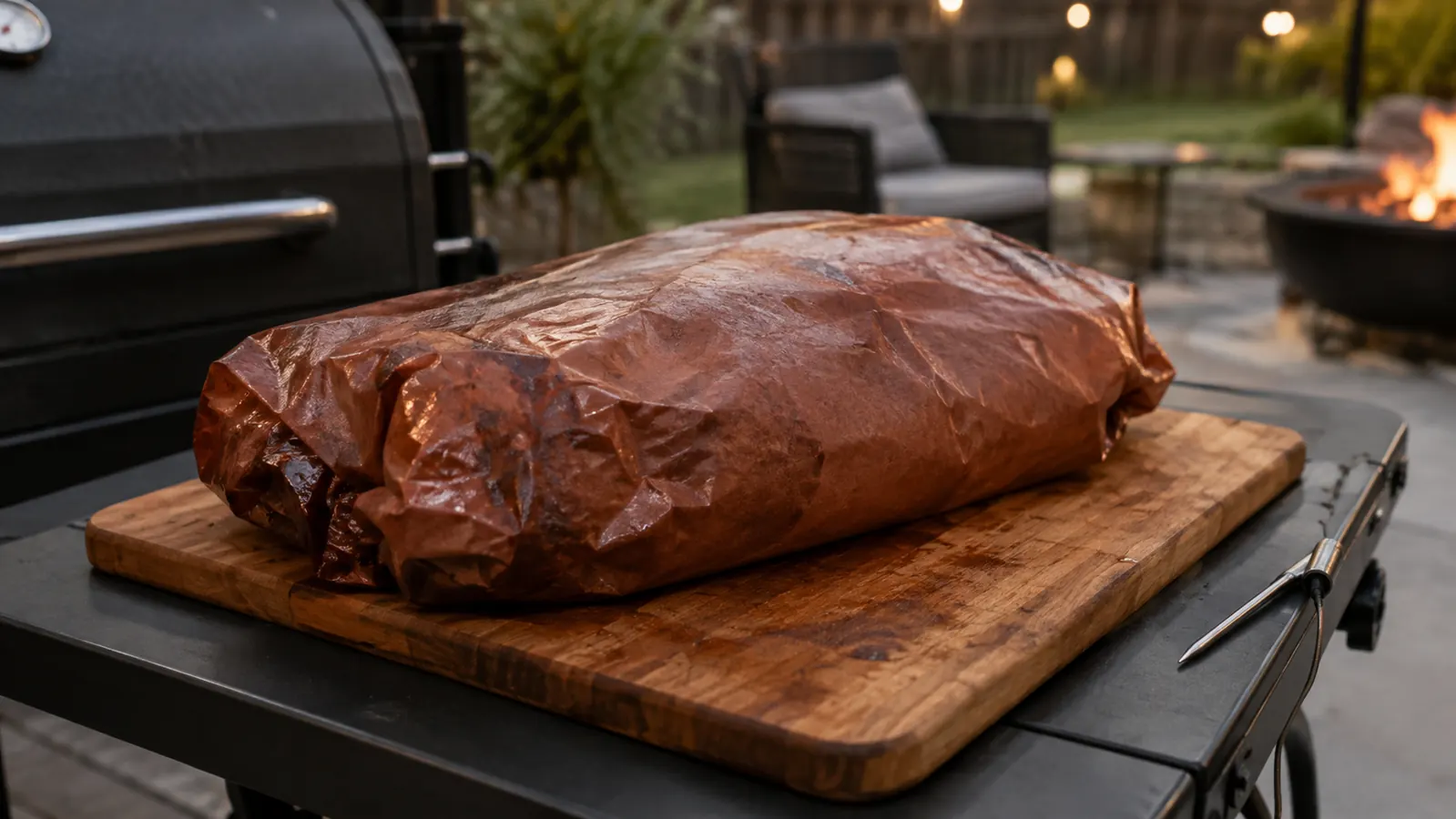 A brisket wrapped in butcher paper on a wooden cutting board with a thin metal probe lying beside it on a patio table