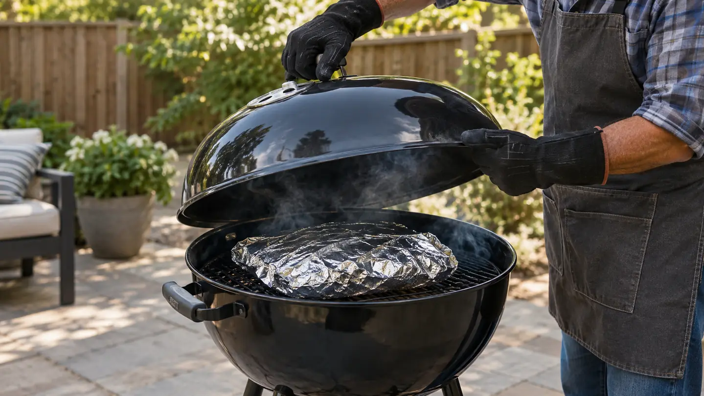 Gloved hands lifting the lid of a black kettle grill to check brisket wrapped in foil on the cooking grate