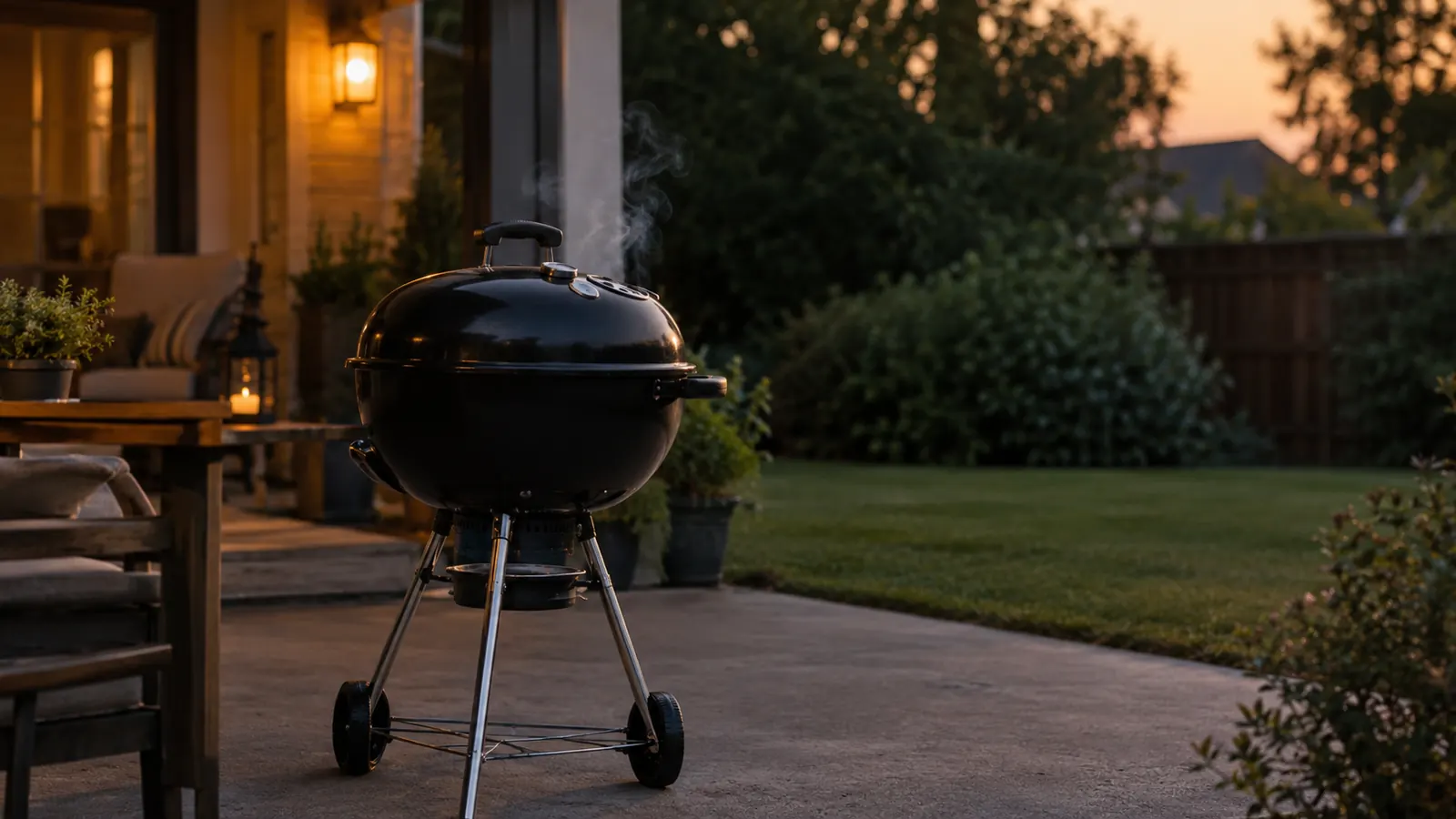A kettle grill on a back patio at dusk with the lid closed and a small wisp of smoke rising from the top vent