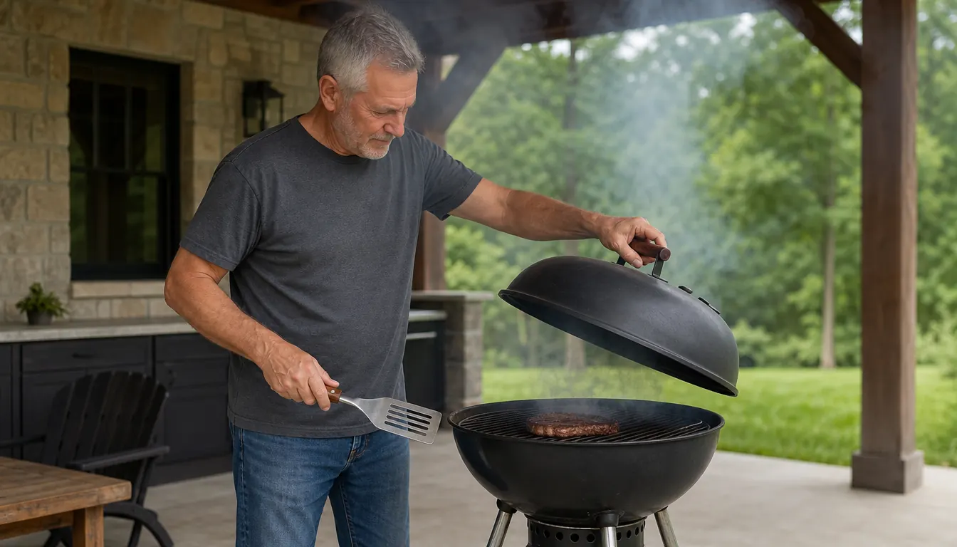 A man in his sixties lifting the lid of a kettle grill on a covered patio