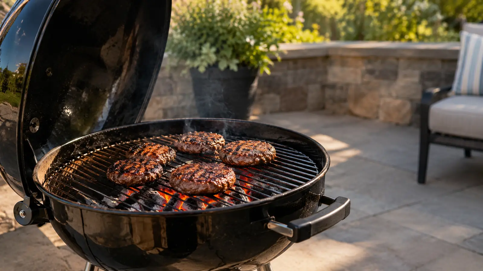 A kettle grill with the lid open showing burgers on the cooking grate