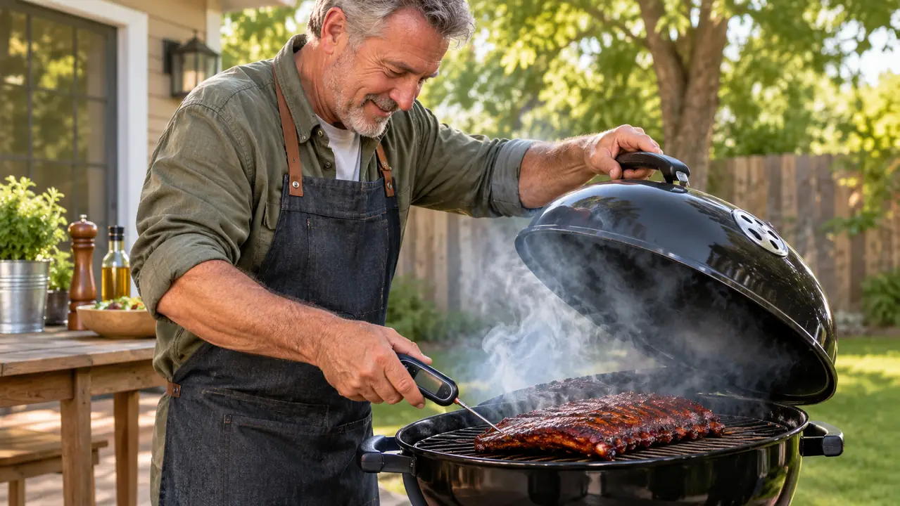 A man in his sixties lifting the lid of a charcoal kettle grill to check food with a wireless thermometer