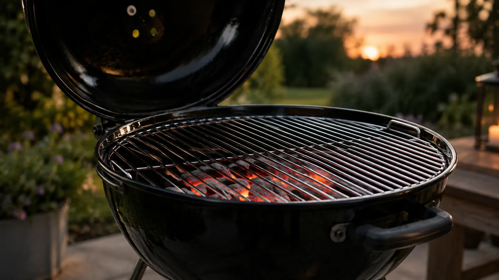 A charcoal kettle grill with the lid open showing a clean cooking grate over glowing charcoal
