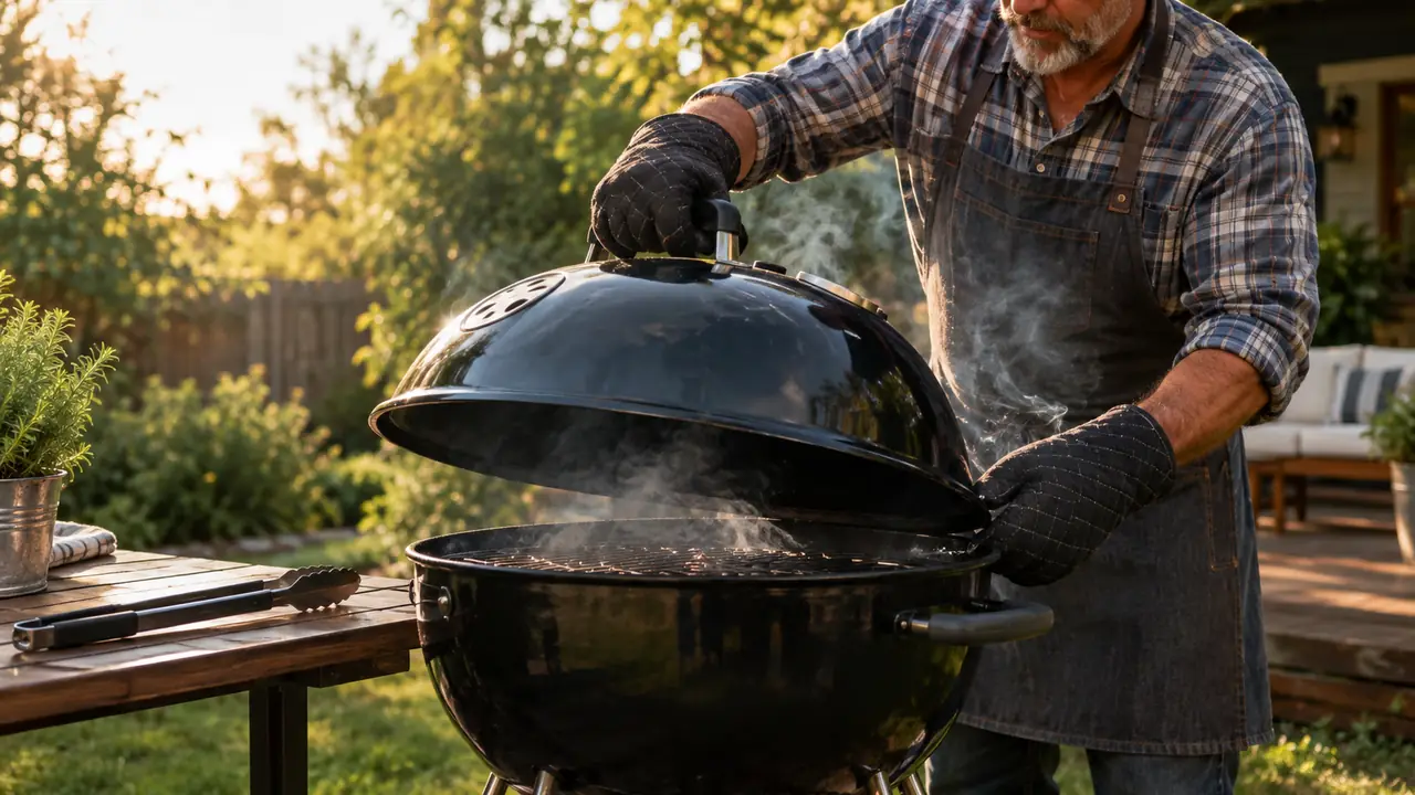Hands in oven mitts lifting the lid of a charcoal kettle grill, smoke rising, grill tongs on a side table.